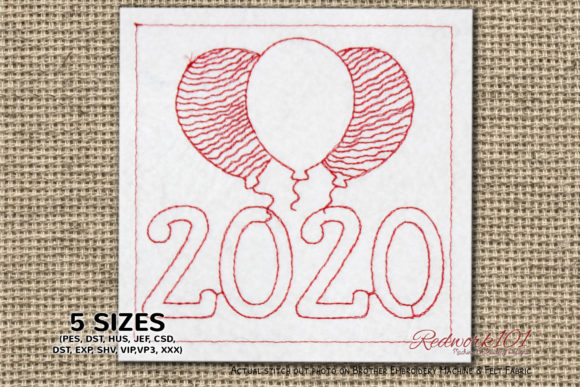 Happy Year 2020 Balloons Redwork